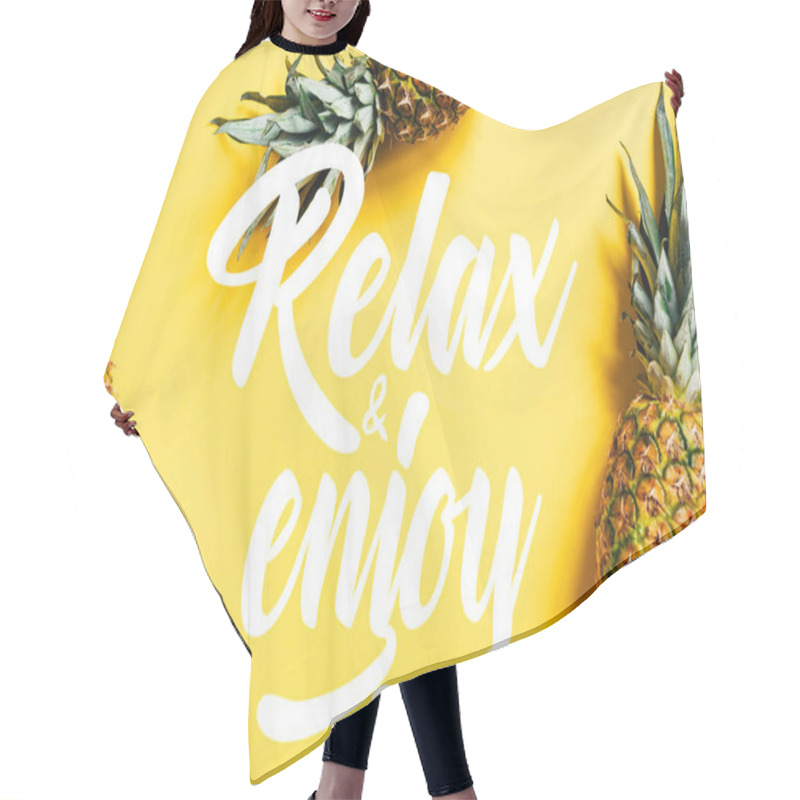 Personality  Top View Of Fresh Tasty Pineapples On Yellow Background With Relax And Enjoy Illustration Hair Cutting Cape