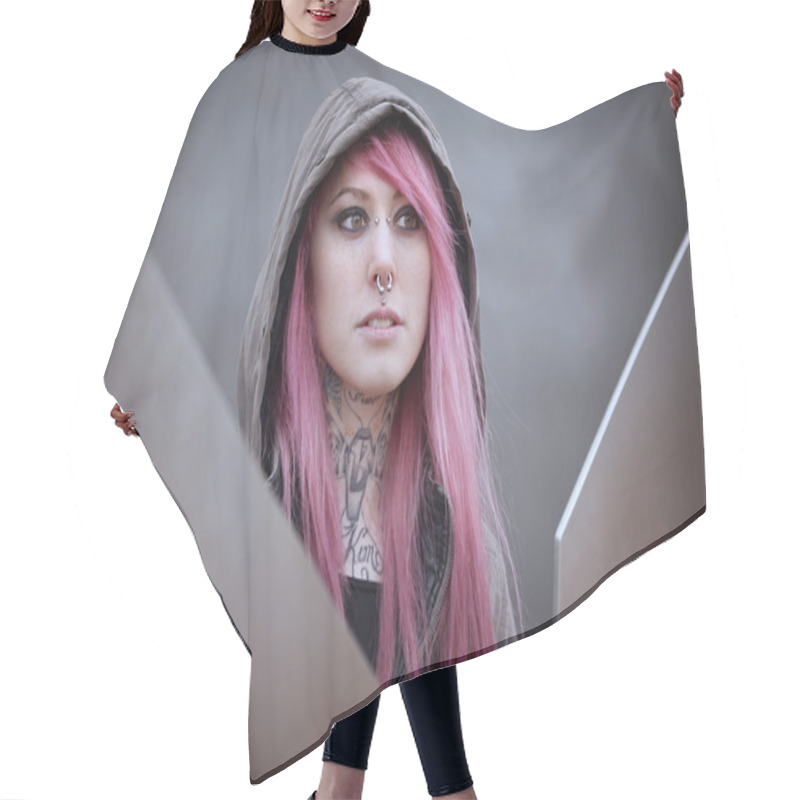 Personality  Woman With Pink Hair Piercings And Tattoos Hair Cutting Cape