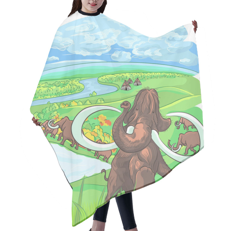 Personality  Vector Mammoths In A Landscape With A River Hair Cutting Cape