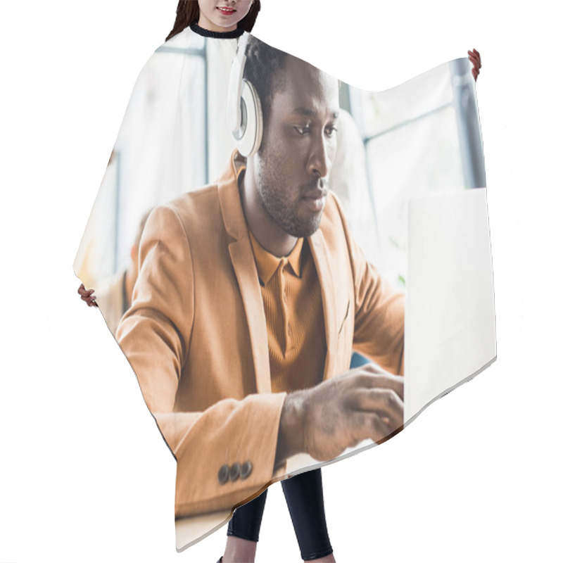 Personality  Handsome African American Businessman In Headphones Using Laptop Hair Cutting Cape