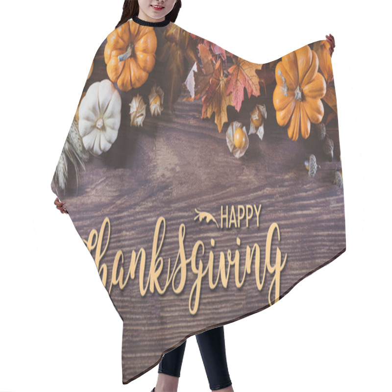 Personality  Thanksgiving Background Decoration From Dry Leaves And Pumpkin On  Wooden Background. Flat Lay, Top View With Happy Thanksgivings Text. Hair Cutting Cape