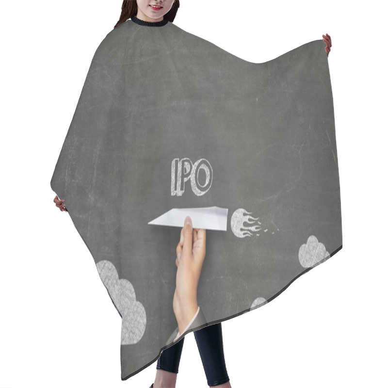 Personality  IPO Concept On Blackboard With Paper Plane Hair Cutting Cape