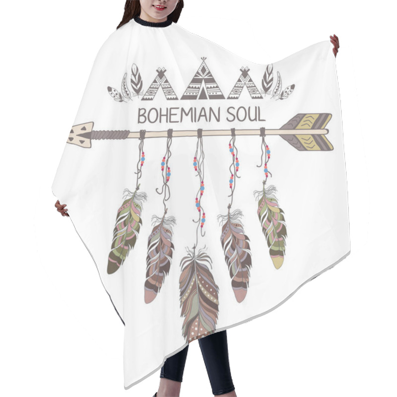 Personality  Hand Drawn Boho Style Design With Arrow And Feathers. Hair Cutting Cape