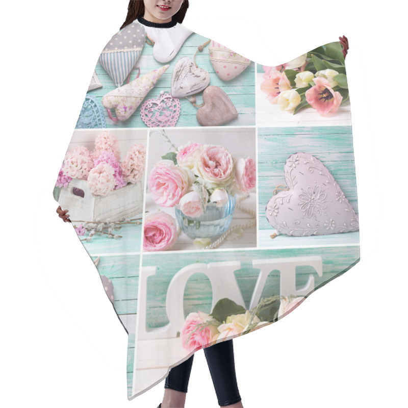 Personality  Collage With Flowers And Decorative Hearts Hair Cutting Cape