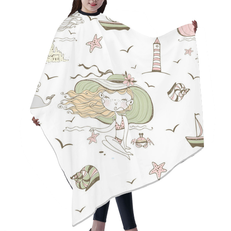 Personality  Seamless Pattern On The Theme Of Summer And The Sea With Cute Girls On The Beach. Vector. Hair Cutting Cape