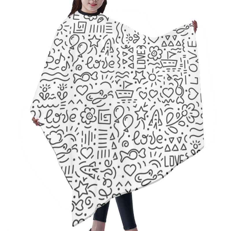 Personality  Doodle Hand Drawing Seamless Background. Love Words, Hearts, Flowers, Abstract Elements On White Background. Vector Illustration. Hair Cutting Cape