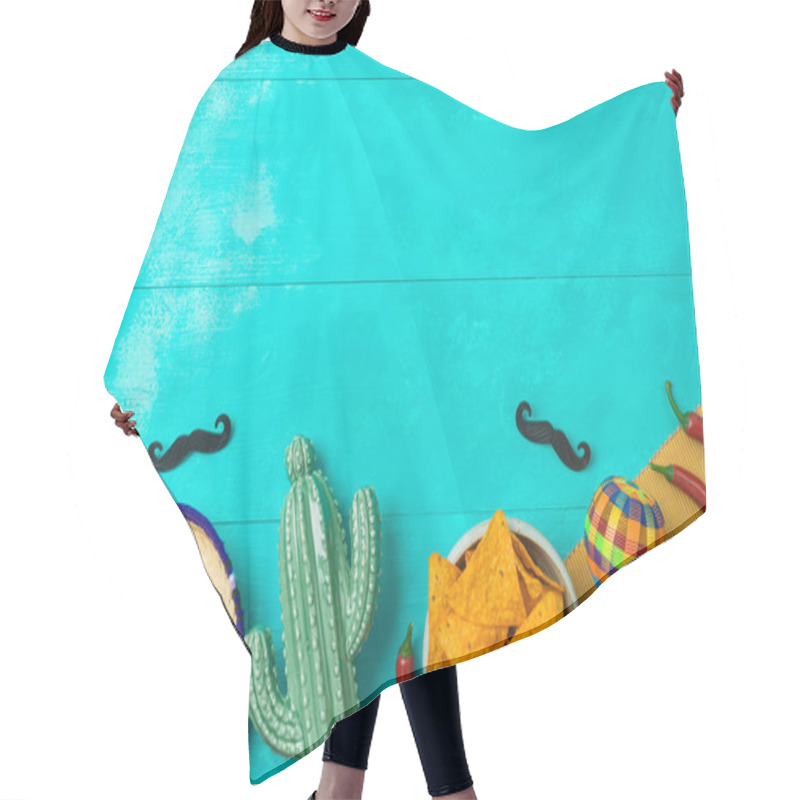 Personality  Cinco De Mayo Holiday Background With Mexican Cactus, Nachos Chips, Maracas And Party Sombrero Hat. Top View, Flat Lay Hair Cutting Cape