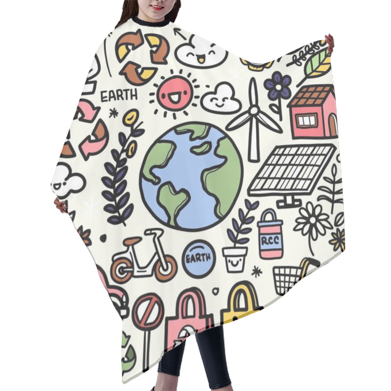 Personality  Hand Drawn Doodle Style Illustration Featuring Eco Lifestyle Themes Like Recycling, Renewable Energy, Bicycles, Wind Turbines, Solar Panels, And A Happy Earth Surrounded By Nature. Hair Cutting Cape