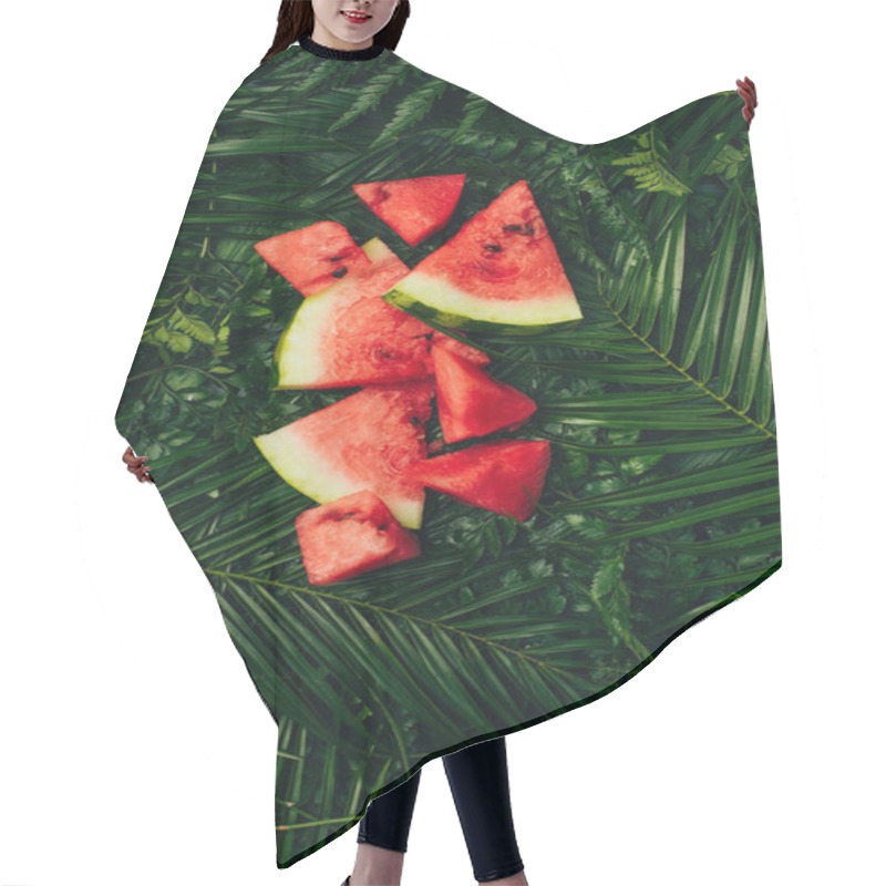 Personality  Top View Of Red Watermelon Slices On Dark Green Palm Leaves Hair Cutting Cape