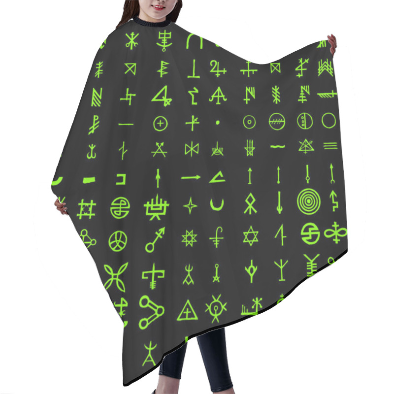 Personality  Alternative Of Digital Green Matrix And Computer Code Symbols. Quantum Computers And Qubit,  Hacker And Crypto, Steampunk, Alien Programming Concept. Vector.  Hair Cutting Cape