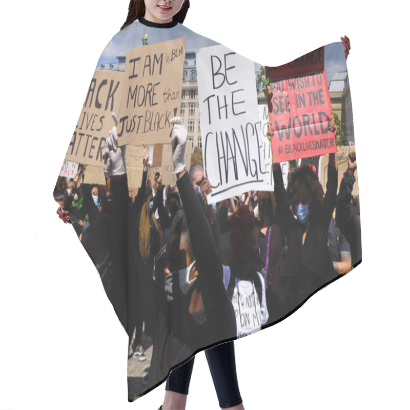 Personality  Protesters Hold Placards As They Gather In Central Brussels During The Black Lives Matter Protest Rally, Sunday, June 7, 2020.  Hair Cutting Cape