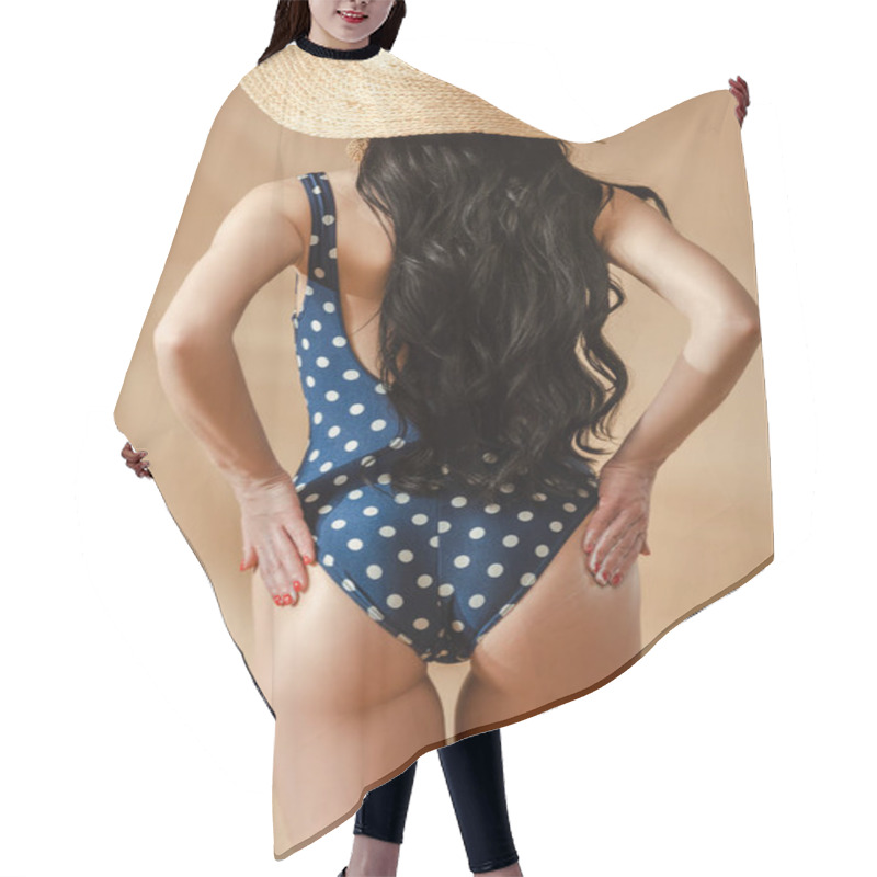 Personality  Back View Of Sexy Brunette Woman In Polka Dot Swimsuit And Straw Hat Posing With Hands On Buttocks On Beige Background Hair Cutting Cape