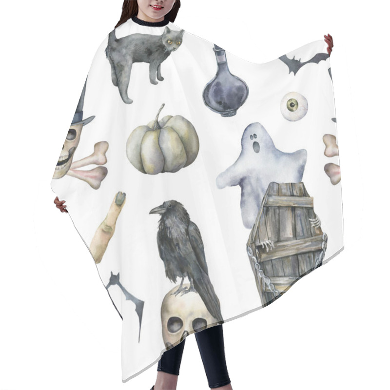 Personality  Watercolor Seamless Pattern With Halloween Symbols: Ghost And Coffin. Hand Painted Holiday Template With Skull, Crow And Cat Isolated On White Background. Illustration For Design, Print Or Background. Hair Cutting Cape