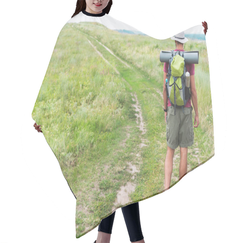 Personality  Back View Of Hiker With Backpack Walking On Green Meadow Hair Cutting Cape