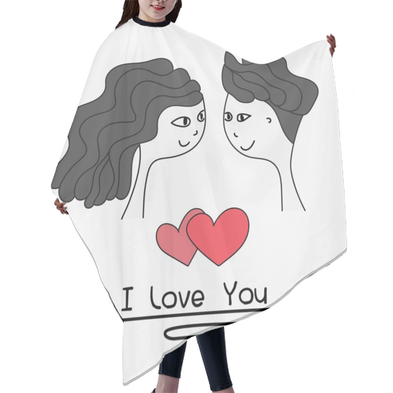 Personality  I Love You Typography. Cards Of Cute Couple. Doodle Boy And Girl Lovely Together Wedding Card. Handmade Vector Illustration. Hair Cutting Cape