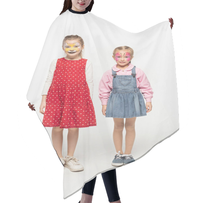 Personality  Full Length View Of Adorable Children With Cat Muzzle And Butterfly Paintings On Faces Standing On White Background Hair Cutting Cape