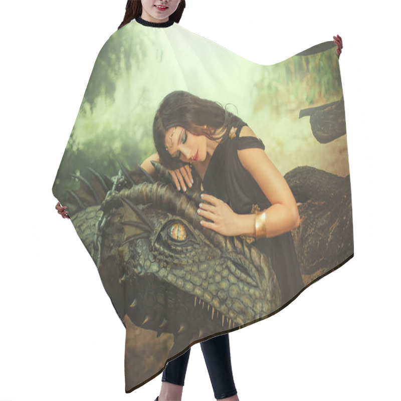 Personality  Fantasy Woman Evil Dark Queen Witch Hugs Dragon, Touching With Hands Head. Girl Mistress Tamed Myth Monster, Concept Of Dominance Control. Black Dress Girl Princess Fashion Model, Golden Moon Diadem. Hair Cutting Cape