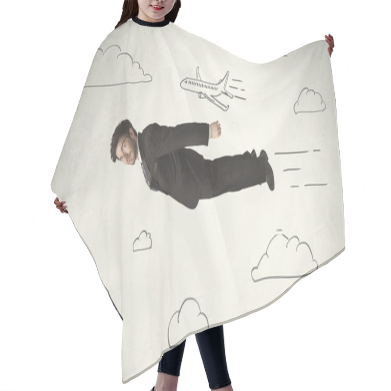 Personality  Cheerful Business Person Flying Between Hand Drawn Sky Clouds Hair Cutting Cape