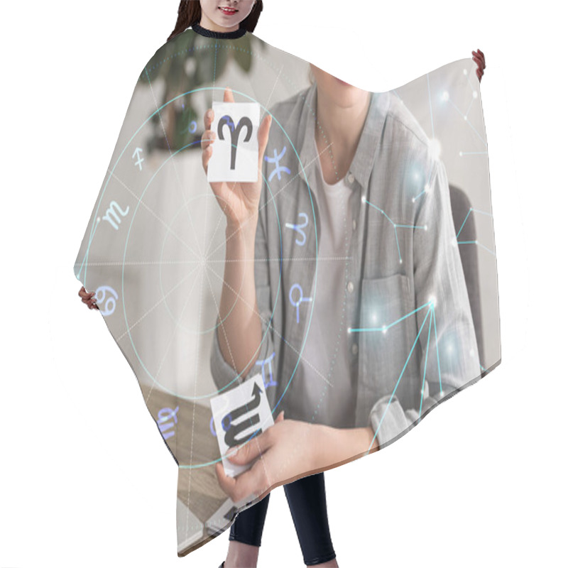 Personality  Cropped View Of Astrologer Showing Cards With Zodiac Signs Beside Book, Laptop And Constellations Hair Cutting Cape