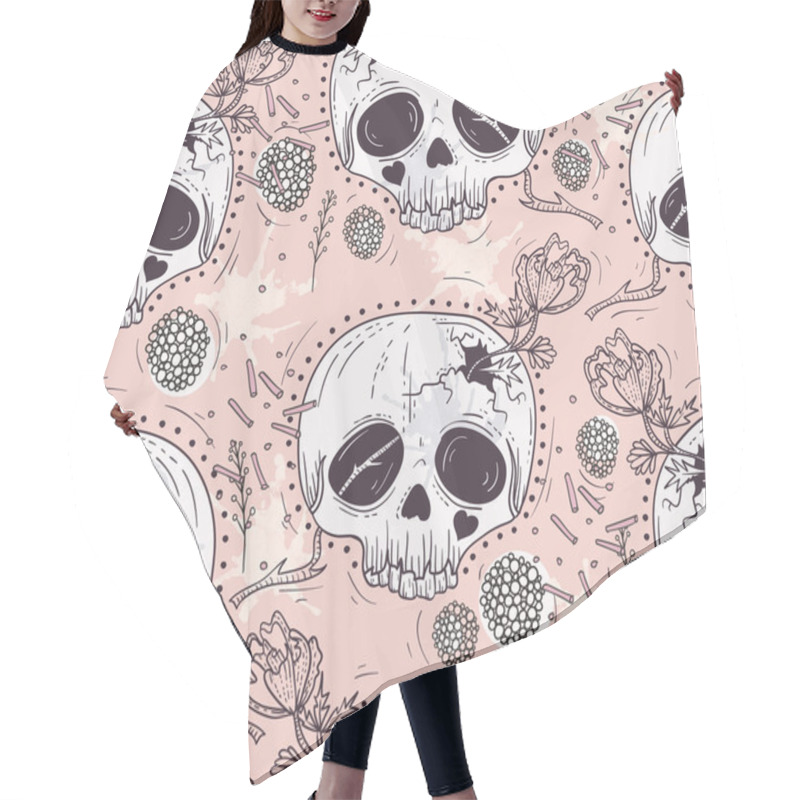 Personality  Cute Tattoo Style Skull Seamless Patten. Skull With Flowers Hair Cutting Cape