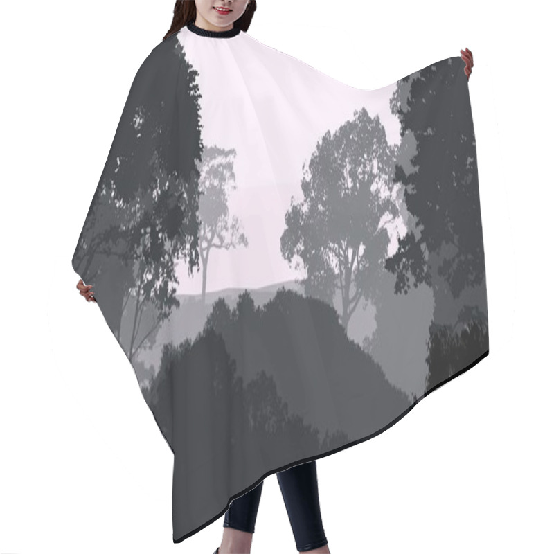 Personality  2d Illustration. Trees In Fog. Deep Forest Haze. Hills Covered By Plants And Foliage. Shrubs And Bushes. Deciduous Wood.  Hair Cutting Cape