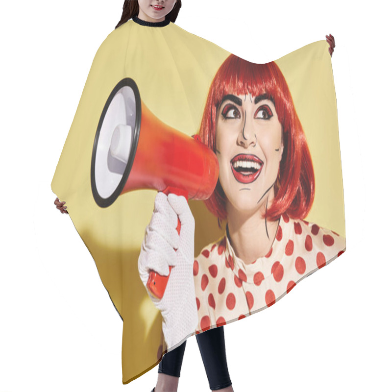 Personality  A Vibrant Redhead Woman In A Polka Dot Blouse Confidently Holds A Red And White Megaphone Against A Yellow Backdrop. Hair Cutting Cape