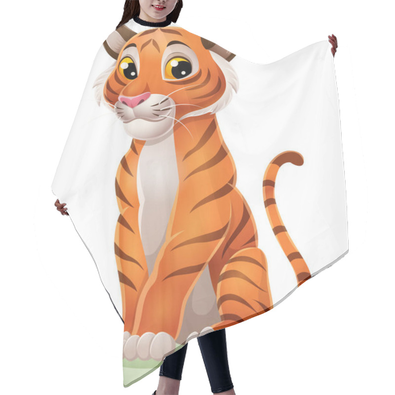 Personality  Vector Illustration Of Cartoon Funny Tiger Sitting In The Grass Hair Cutting Cape