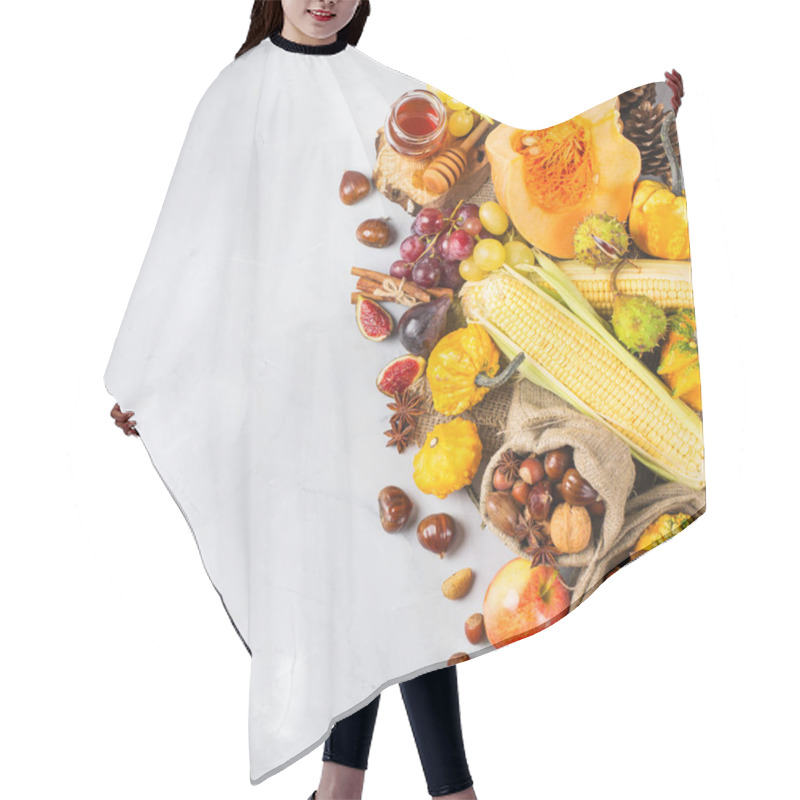 Personality  Fall Autumn Harvest Background With Pumpkin Apple Chestnut Corn Hair Cutting Cape