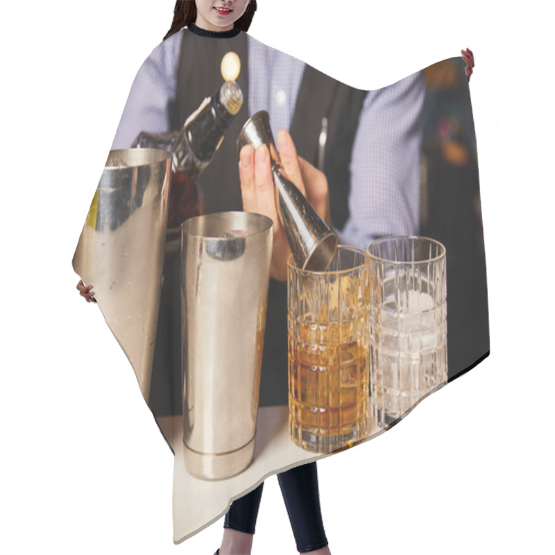 Personality  Cropped View Of Barman Holding Bottle Near Glasses With Alcohol Drinks  Hair Cutting Cape