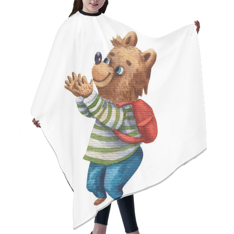 Personality  Watercolor Illustration Of Cute Bear. Pupil Character. Elementary School Illustration. Cartoon Style. School Children. Drawing Book Illustration. Little Clever Boy With Satchel. Big Red Knapsack. Hair Cutting Cape