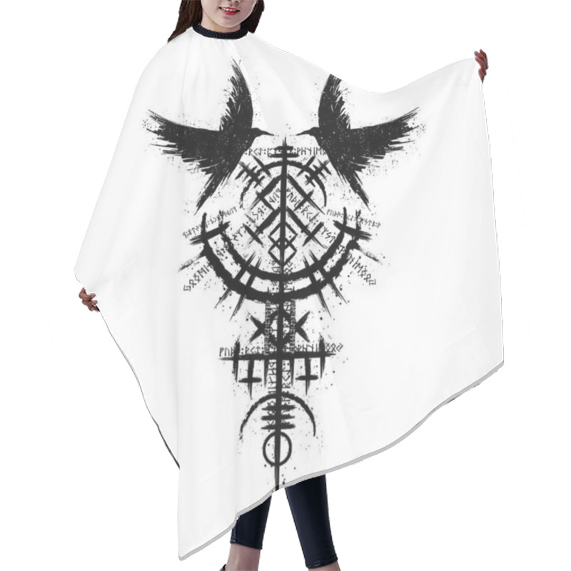 Personality  Black Grunge Raven Bird Silhouettes With Ink Splash Isolated On White Background. Norse Viking Valhalla Vegvisir Rune Symbol Hair Cutting Cape