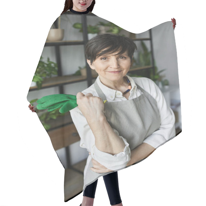 Personality  A Gardener Smiles While Caring For Her Vibrant Indoor Plants. Hair Cutting Cape