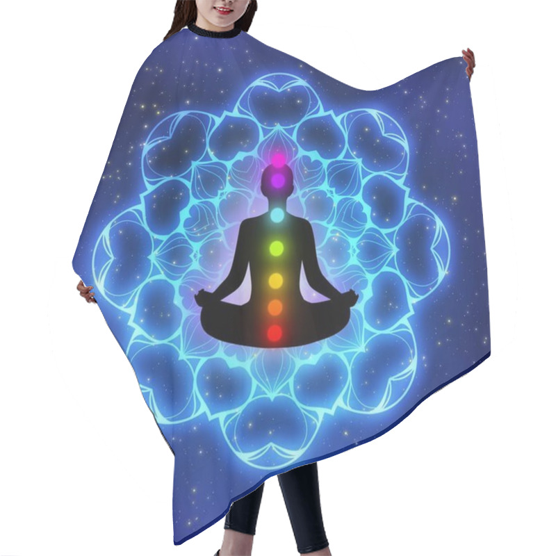 Personality  Meditation Man With Aura, Seven Chakras, And Glow Mandala In The Galaxy Illustration Concept Design Background. Hair Cutting Cape