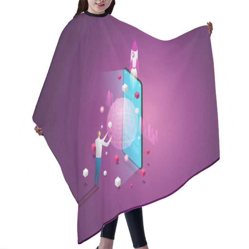 Personality  Experience 3D Metaverse, The Limitless Virtual Reality Technology For Future Smartphone Users And Digital Devices. Isometric Vector Illustration. Hair Cutting Cape