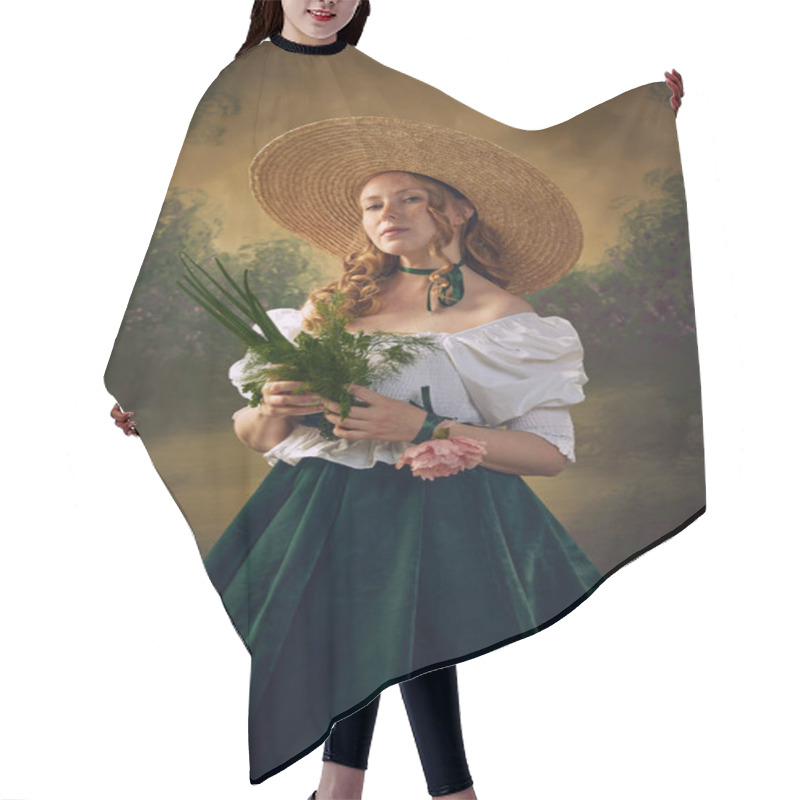 Personality  Portrait Of Beautiful Young Woman In Renaissance Style Clothing Big Hat, Standing With Bouquet With Greenery Against Vintage Green Background. Concept Of History, Comparison Of Eras Hair Cutting Cape