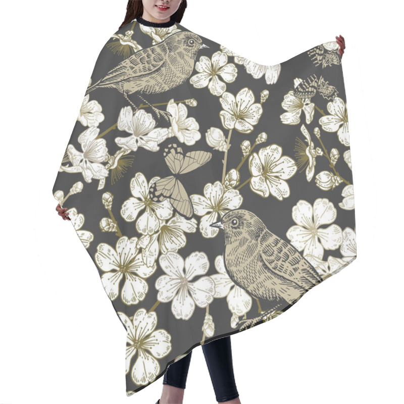 Personality  Japanese Cherry, Bird And Butterflies. Seamless Pattern. Hair Cutting Cape