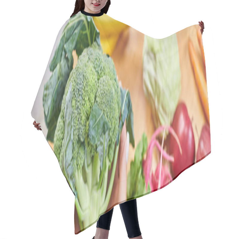 Personality  Top View Of Vegetarian Woman With Broccoli Over Fresh Fruits And Vegetables, Horizontal Banner Hair Cutting Cape