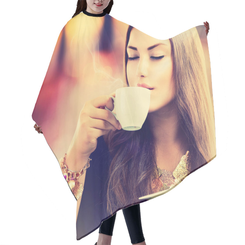 Personality  Coffee. Beautiful Girl Drinking Tea Or Coffee Hair Cutting Cape