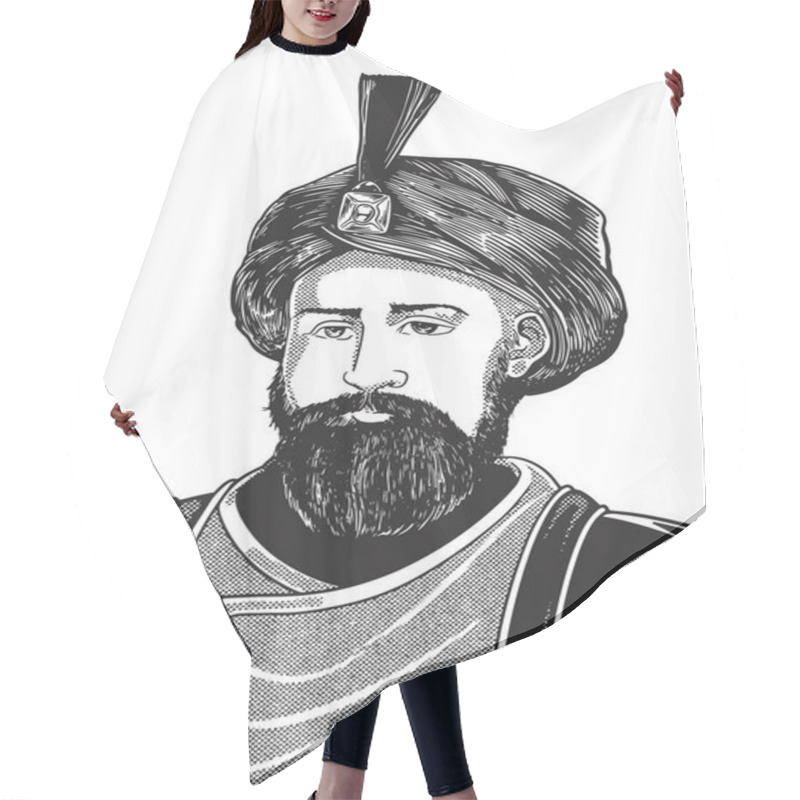 Personality  Ibn Al-Haytham 965-1040 Hand Drawn Engraving Portrait. Father Of Optics And Islamic Scientist. Vector Illustration Monochrome Colors. Historical Figure Drawing. Hair Cutting Cape