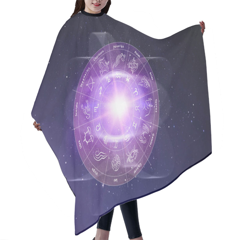 Personality  Zodiac Wheel With Astrological Signs Around Bright Star In Open Space, Illustration Hair Cutting Cape