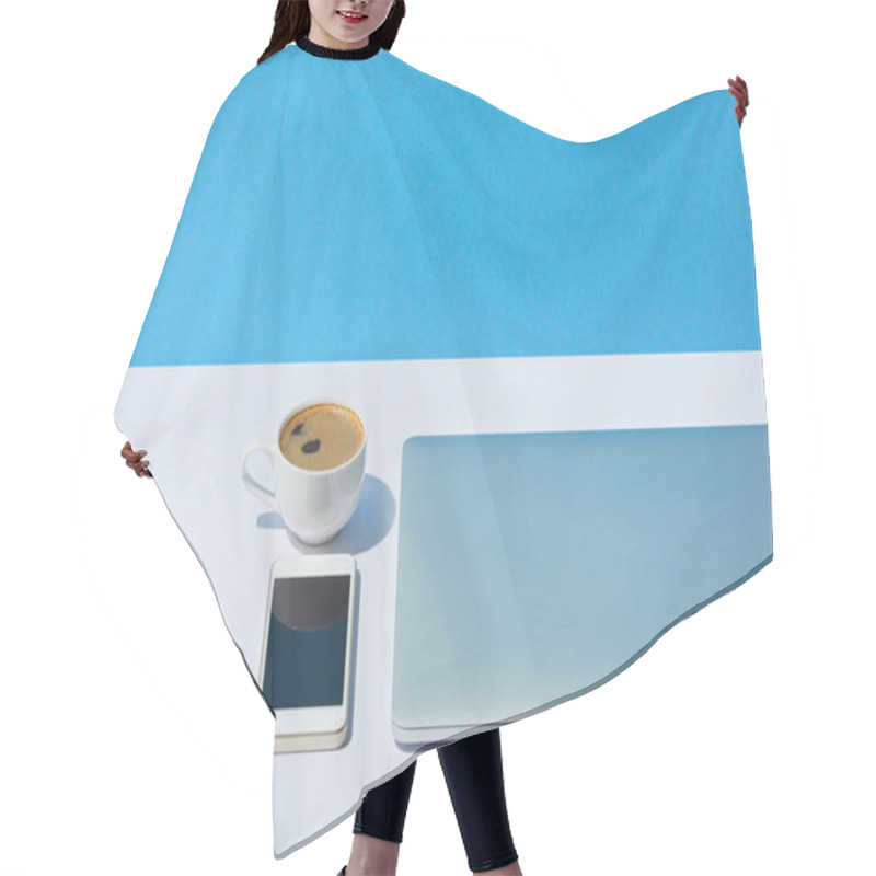 Personality  Laptop, Coffee Cup And Smartphone On White Desk And Blue Background Hair Cutting Cape