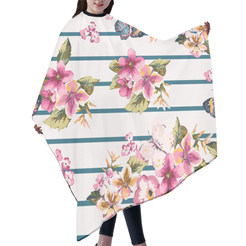 Personality  Butterfly With Floral Seamless Pattern On Stripe Background Hair Cutting Cape