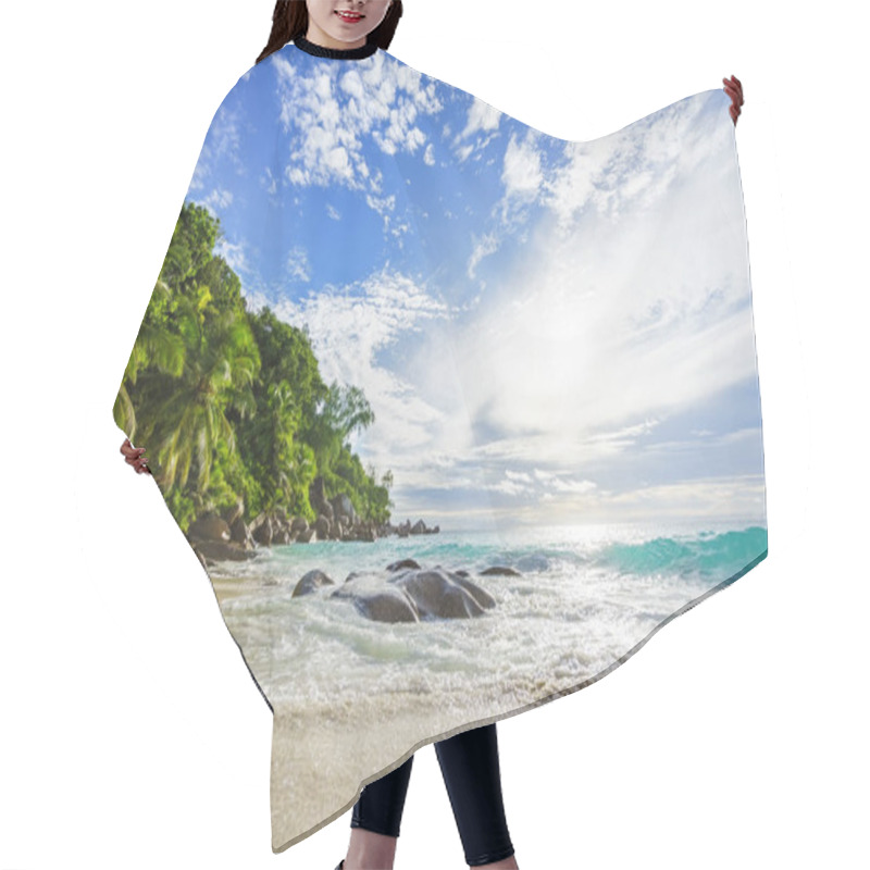 Personality  Paradise Tropical Beach With Rocks,palm Trees And Turquoise Water Hair Cutting Cape