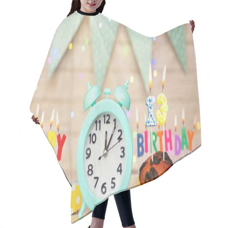 Personality  Happy Birthday Greeting Card With Muffin Pie And Retro Clock On Clock Hands New Birth. Beautiful Background With Decorations Festive Happy Birthday Decoration With Number 13 Hair Cutting Cape