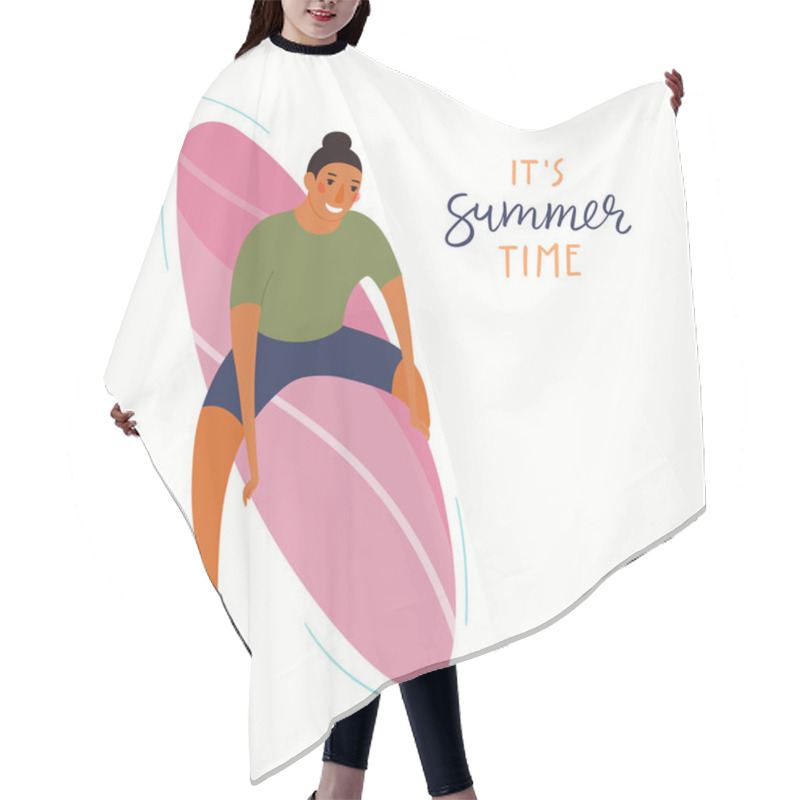 Personality  Hand Drawn Vector Illustration Of Happy Man Swimming On Surfboard With Lettering Quote Its Summer Time Isolated On White Background, Summer Poster  Hair Cutting Cape