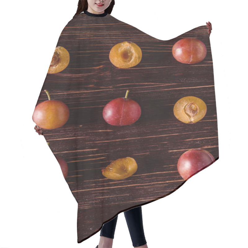 Personality  Pattern, Texture Of Sliced Half Ripe Sweet Plum Fruits With Water Drops On Dark Moody Wood Table Background Hair Cutting Cape