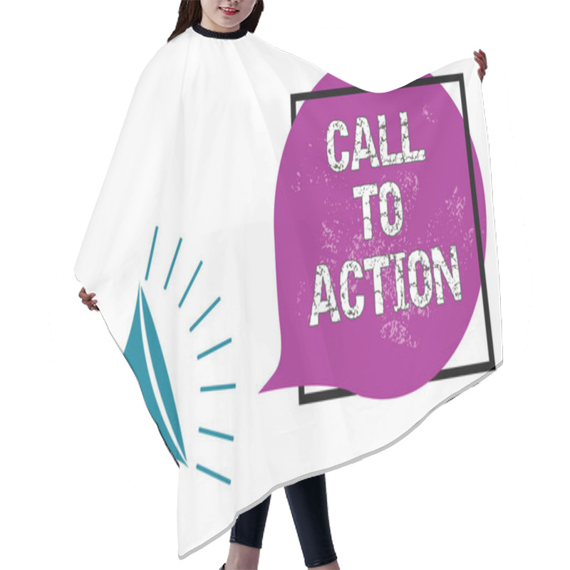 Personality  Conceptual Hand Writing Showing Call To Action. Business Photo Showcasing Encourage Decision Move To Advance Successful Strategy Megaphone Speaking Loud Screaming Frame Purple Speech Bubble Hair Cutting Cape