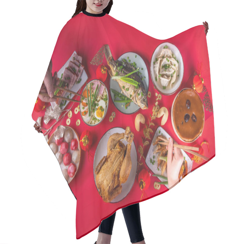 Personality  Traditional Chinese Lunar New Year Dinner Table, Party Invitation, Menu Background With Pork, Fried Fish, Chicken, Rice Balls, Dumplings, Fortune Cookie, Nian Gao Cake, Noodles, Chinese Decorations Hair Cutting Cape