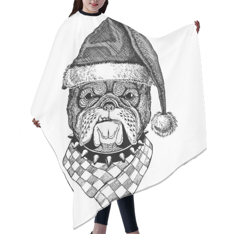 Personality  Dog, Bulldog Wearing Christmas Santa Claus Hat. Hand Drawn Image For Tattoo, Emblem, Badge, Logo, Patch Hair Cutting Cape