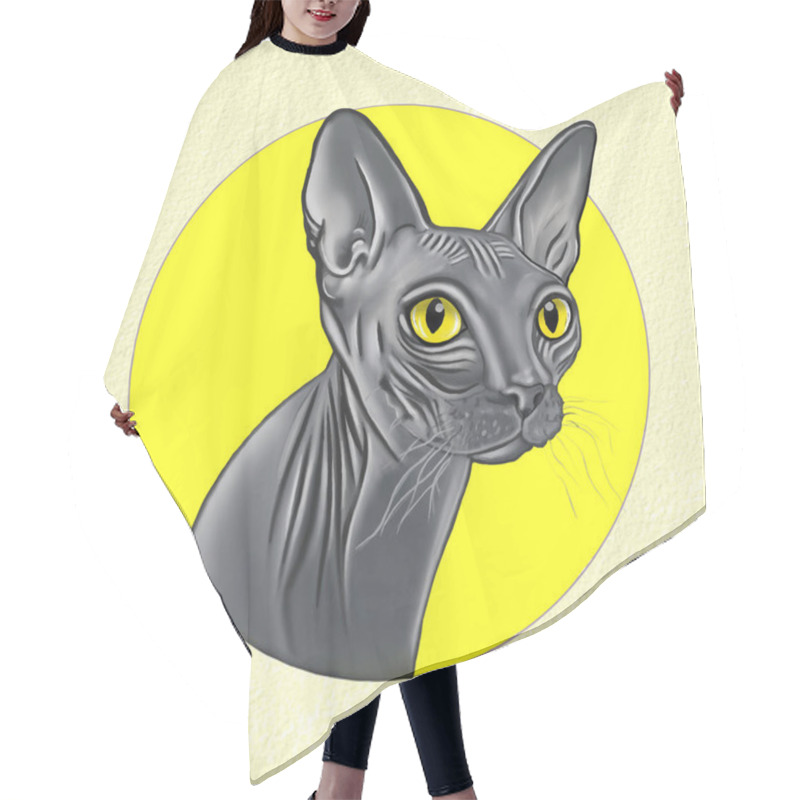 Personality  Vector Illustration Of A Portrait Of A Sphynx Cat In A Yellow Round Frame In A Watercolor Style On A Background Hair Cutting Cape